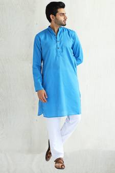 Blue plain cotton kurta-pajama