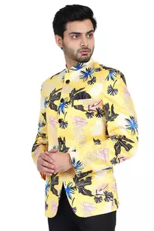 yellow printed cotton bandhgala-suit