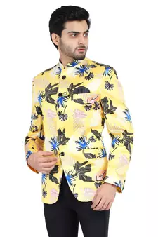 yellow printed cotton bandhgala-suit