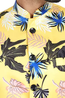 yellow printed cotton bandhgala-suit