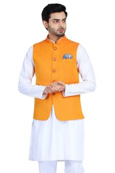 Orange plain cotton nehru-jacket