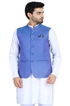 Blue plain cotton nehru-jacket