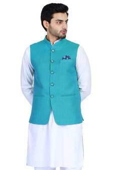 Green plain cotton nehru-jacket