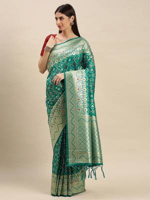Turquoise woven banarasi saree with blouse 1