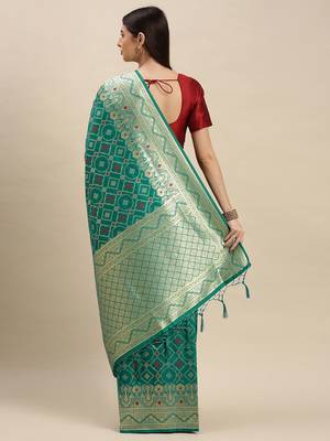 Turquoise woven banarasi saree with blouse 2