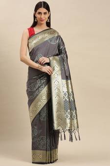 Grey woven banarasi saree with blouse