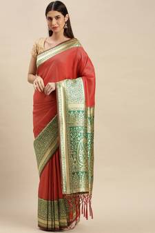 Red woven banarasi saree with blouse