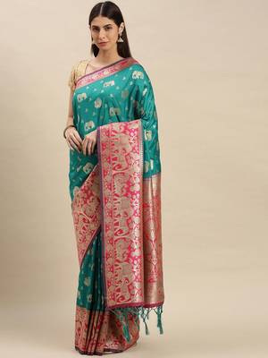 Turquoise woven banarasi saree with blouse 1