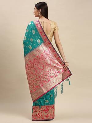 Turquoise woven banarasi saree with blouse 2