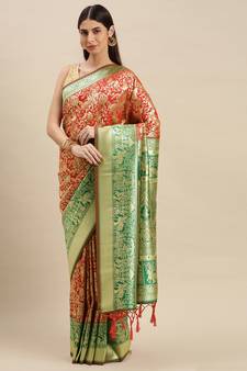 Red woven banarasi saree with blouse