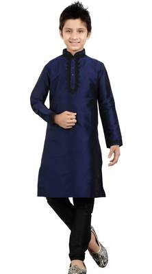  Navy Blue Art Silk Party Wear Kid Boy Kurta Pajama 1