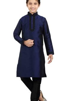  Navy Blue Art Silk Party Wear Kid Boy Kurta Pajama