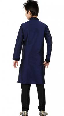  Navy Blue Art Silk Party Wear Kid Boy Kurta Pajama 3