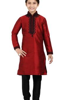 Art Silk Red Kid Boy Kurta Pajama 