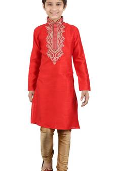 Embroidery Work Red Art Silk Kid Boy Kurta Pajama 