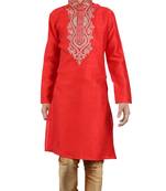 Embroidery Work Red Art Silk Kid Boy Kurta Pajama 
