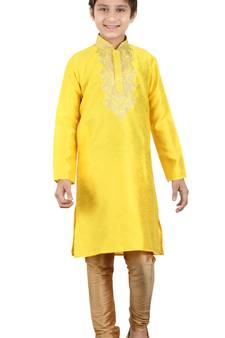 Kid Boy Yellow Embroidery Work Kurta With Golden Churidar Bottom 