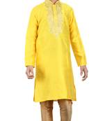 Kid Boy Yellow Embroidery Work Kurta With Golden Churidar Bottom 