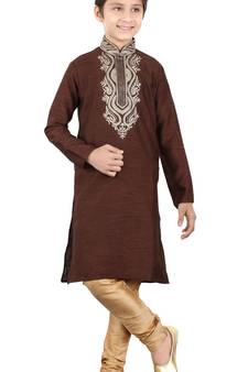 Brown Art Silk Embroidery Work Kurta Pajama For Kid Boys wear