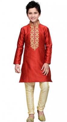 Embroidery Work Red Art Silk Boy Kurta Pajama  1