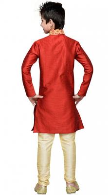 Embroidery Work Red Art Silk Boy Kurta Pajama  2
