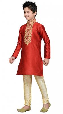 Embroidery Work Red Art Silk Boy Kurta Pajama  3