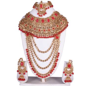 Ethnic Indian Traditional Red Gold Plated Kundan Dulhan Bridal Jewellery Set with Choker Earrings Maang Tikka 2