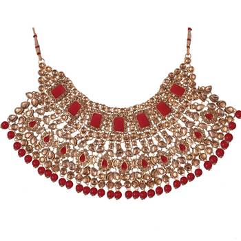 Ethnic Indian Traditional Red Gold Plated Kundan Dulhan Bridal Jewellery Set with Choker Earrings Maang Tikka 4