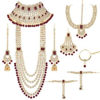 Ethnic Indian Traditional Red Gold Plated Kundan Dulhan Bridal Jewellery Set with Choker Earrings Maang Tikka 1