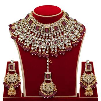 Ethnic Indian Traditional Red Gold Plated Kundan Dulhan Bridal Jewellery Set with Choker Earrings Maang Tikka 2