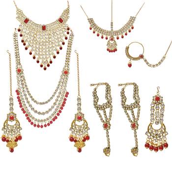 Ethnic Indian Traditional Red Gold Plated Kundan Dulhan Bridal Jewellery Set with Choker Earrings Maang Tikka 1