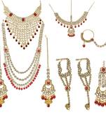 Ethnic Indian Traditional Red Gold Plated Kundan Dulhan Bridal Jewellery Set with Choker Earrings Maang Tikka
