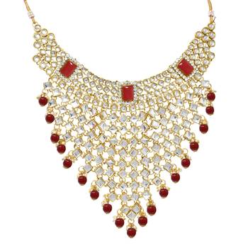 Ethnic Indian Traditional Red Gold Plated Kundan Dulhan Bridal Jewellery Set with Choker Earrings Maang Tikka 2