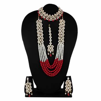 Steorra jewels Gold Side Kundan Red Party Wear Long Necklace Set with Earings and Maang Tikka with Chokar 1