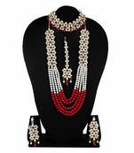 Steorra jewels Gold Side Kundan Red Party Wear Long Necklace Set with Earings and Maang Tikka with Chokar