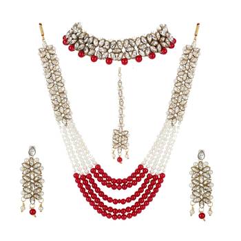 Steorra jewels Gold Side Kundan Red Party Wear Long Necklace Set with Earings and Maang Tikka with Chokar 2