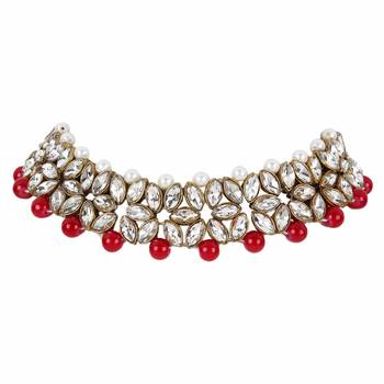 Steorra jewels Gold Side Kundan Red Party Wear Long Necklace Set with Earings and Maang Tikka with Chokar 3