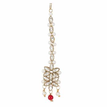 Steorra jewels Gold Side Kundan Red Party Wear Long Necklace Set with Earings and Maang Tikka with Chokar 4