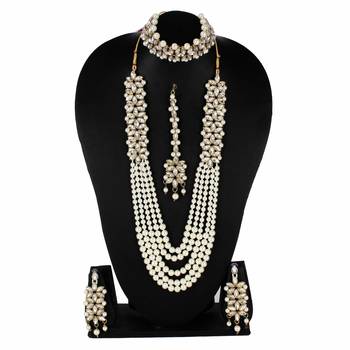Steorra jewels White Side Kundan Party Wear Long Necklace Set with Earings and Maang Tikka with Chokar 1