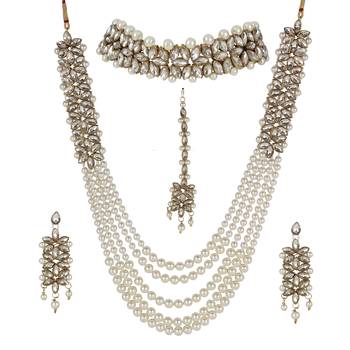 Steorra jewels White Side Kundan Party Wear Long Necklace Set with Earings and Maang Tikka with Chokar 2