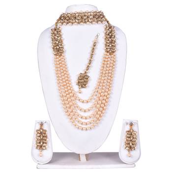 Steorra jewels Golden Side Kundan Party Wear Long Necklace Set with Earings and Maang Tikka with Chokar 1
