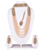 Steorra jewels Golden Side Kundan Party Wear Long Necklace Set with Earings and Maang Tikka with Chokar