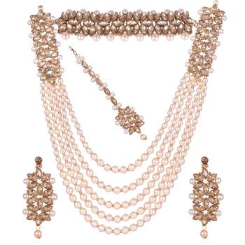 Steorra jewels Golden Side Kundan Party Wear Long Necklace Set with Earings and Maang Tikka with Chokar 2