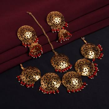  Gold Plated Ruby High Neck Necklace Set with Earings and Maag Tikka 1