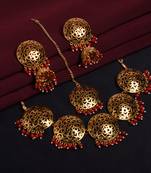 Gold Plated Ruby High Neck Necklace Set with Earings and Maag Tikka