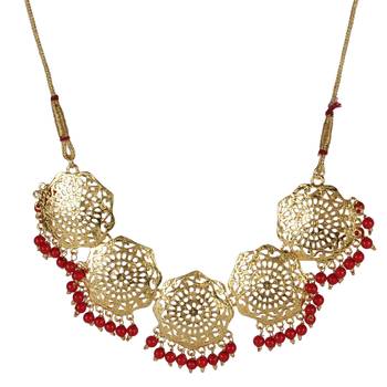  Gold Plated Ruby High Neck Necklace Set with Earings and Maag Tikka 2