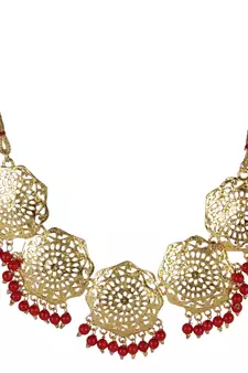  Gold Plated Ruby High Neck Necklace Set with Earings and Maag Tikka