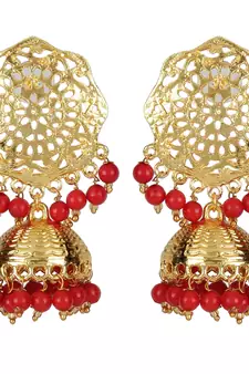  Gold Plated Ruby High Neck Necklace Set with Earings and Maag Tikka
