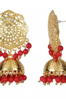 Gold Plated Ruby High Neck Necklace Set with Earings and Maag Tikka