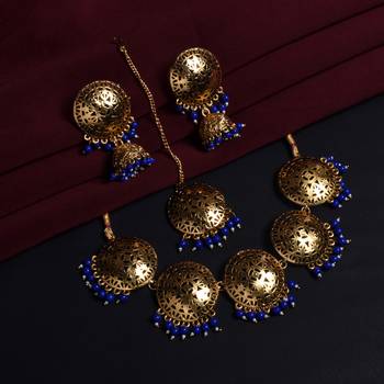  Blue Beads Golden Tone Choker Necklace for Women 1